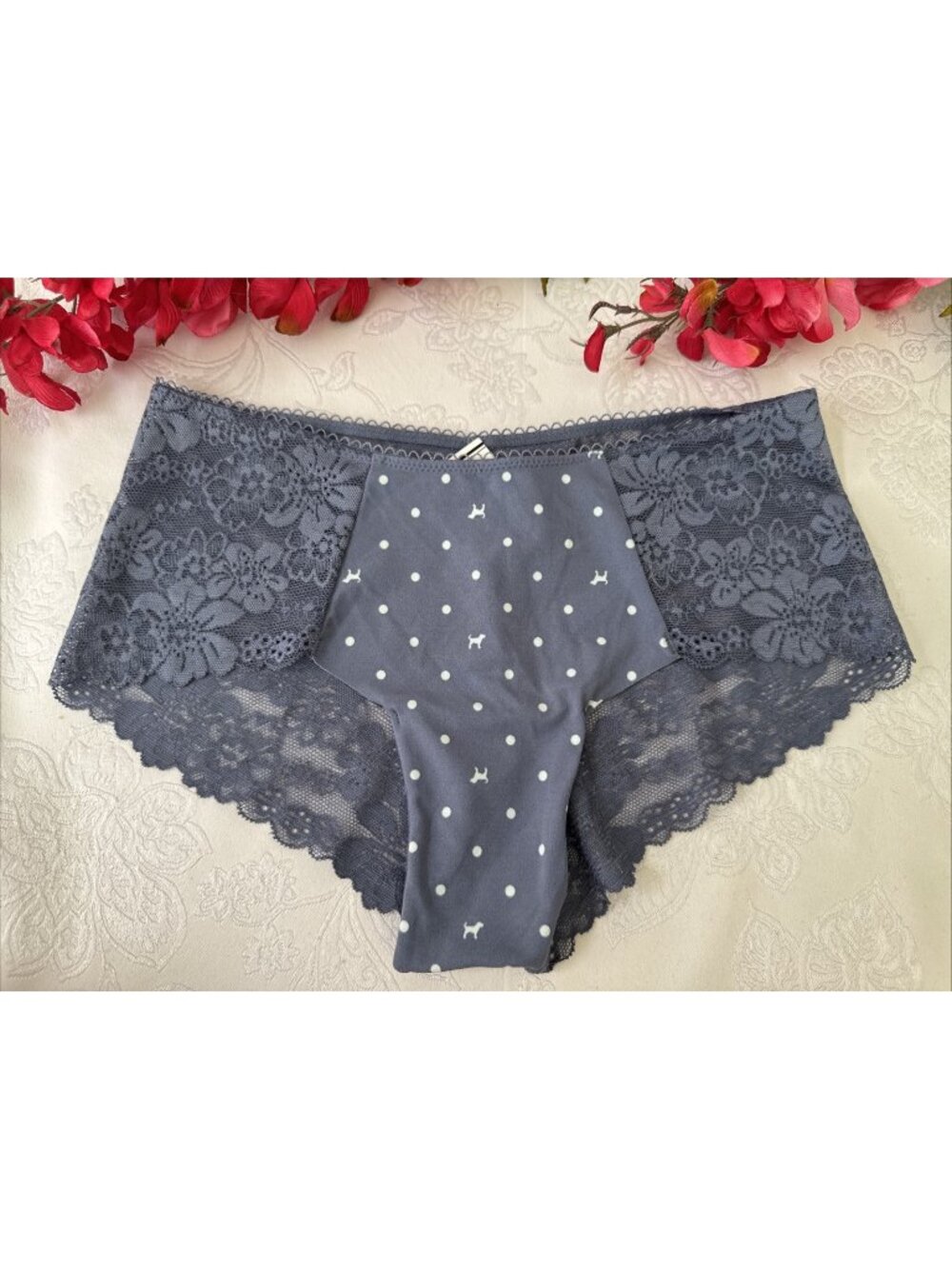 PINK VICTORIA'S SECRET XS BLUE WHITE POLKA DOT DOGS PUPPIES CHEEKY PANTIES NWT